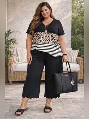 Emery Rose Black Scalloped Hem Knit Wide Leg Pants 4XL (2/3x) Stretch Pull On